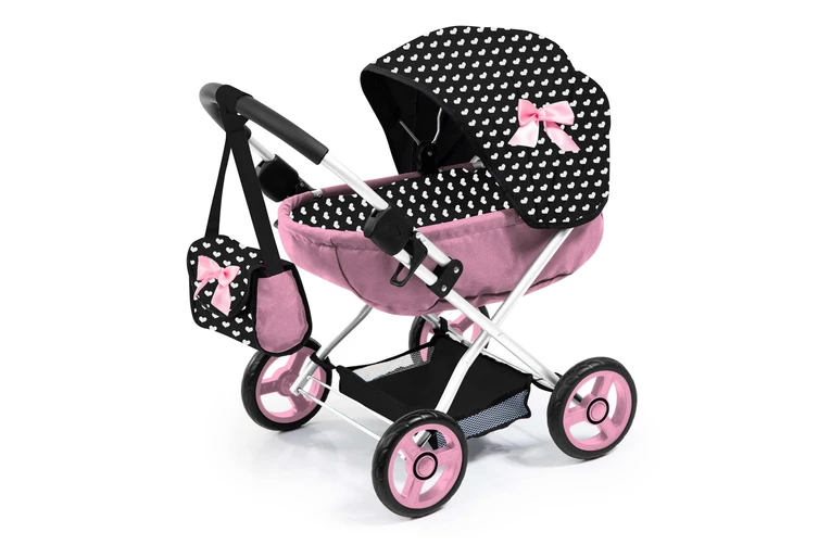 Doll Pram Cosy Pink With Black And White Love Hearts